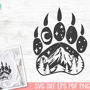Bear Paw Print SVG, Paw Print SVG, Bergscène SVG, Bosbomen SVG, Camping SVG, Wandelen SVG, Avontuur SVG, Buiten SVG, Explorer SVG