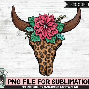 Christmas Cow Skull SUBLIMATION design PNG, Leopard Cow Skull Poinsettia png file, Floral Cow Skull Leopard sublimation designs, download