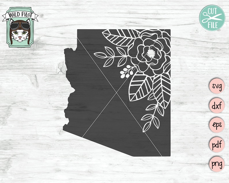 May include: A black and white floral design in the corner of a gray outline of the state of Arizona.