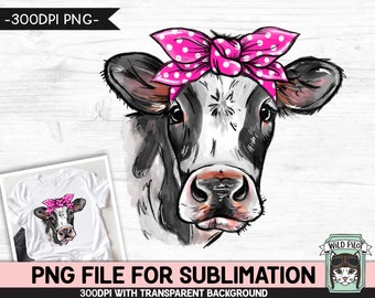 Cow SUBLIMATION PNG, Cow Bandana png file, Pink Polka Dot Bandana Cow png, Watercolor Cow png file, Cow Face Sub png, Pink Bandana Cow png