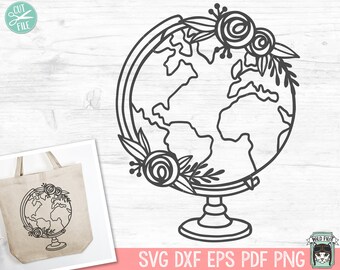 Floral Globe SVG, Reise SVG, Abenteuer Svg, Blume Svg, Adventure Awaits Plotterdatei, Globus SVG, Landkarte svg, Globe png, Globe Clipart