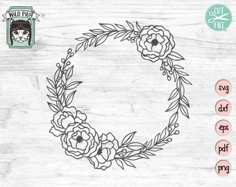May include: A black and white line drawing of a floral wreath with leaves and flowers. The wreath is circular and has a blank space in the center.