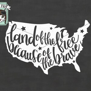May include: A white outline of the United States of America with the text "Land of the free because of the brave" written in black cursive script. The outline is on a black background.