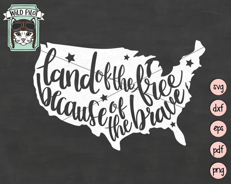 May include: A white outline of the United States of America with the text "Land of the free because of the brave" written in black cursive script. The outline is on a black background.