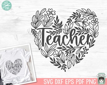 May include: Black and white graphic design of a heart shape made of leaves and flowers with the word "Teacher" inside.