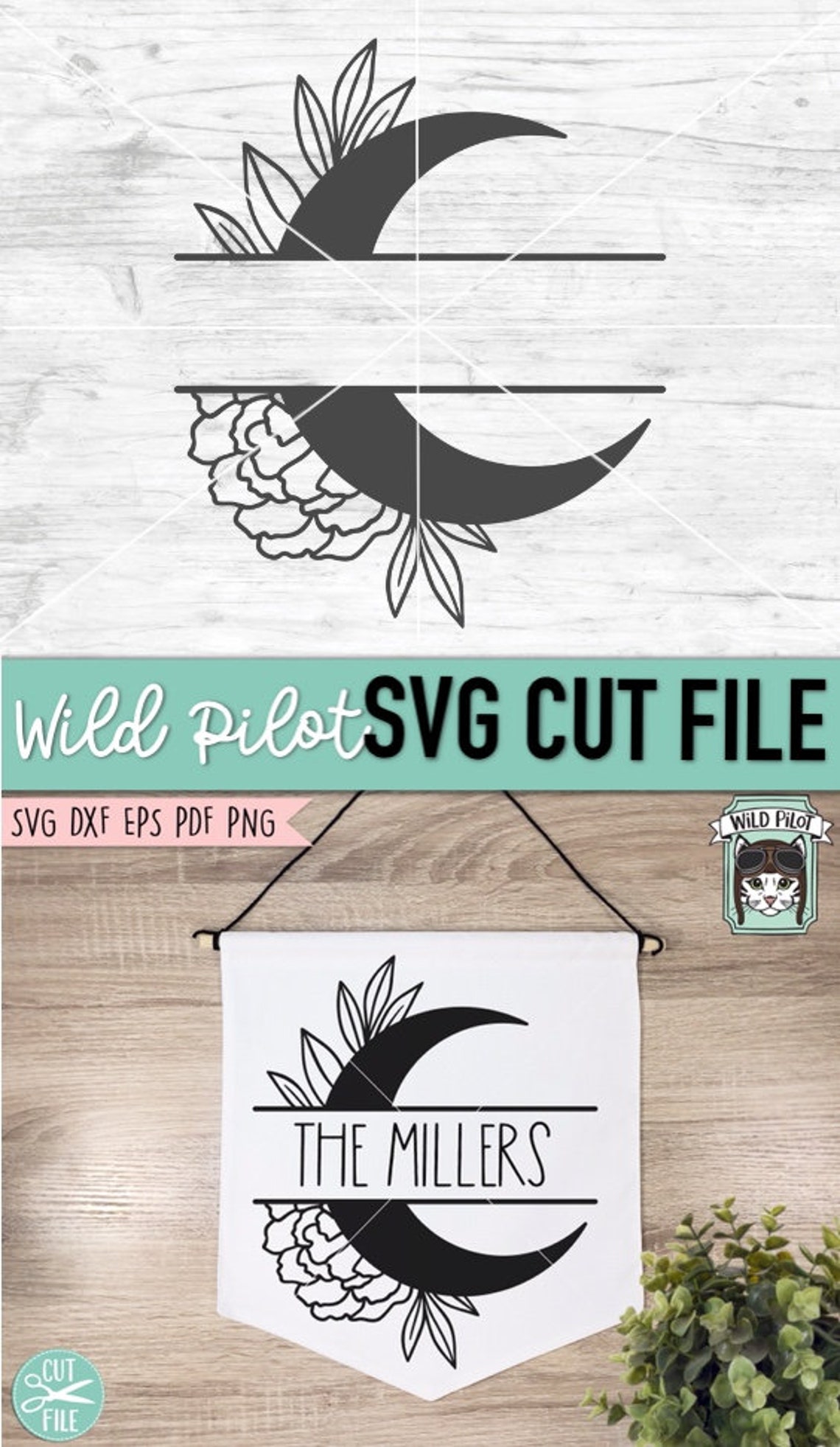 Split Moon Svg Flower Moon Split Monogram Frame SVG, Floral Moon SVG Cut File, Flower ...