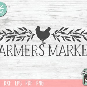 Op de afbeelding: Zwart-witte silhouet van een kip met bladeren aan weerszijden en de tekst "Farmers Market" eronder.