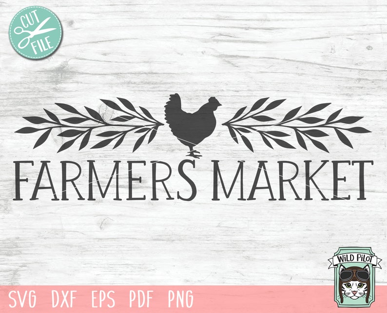 Op de afbeelding: Zwart-witte silhouet van een kip met bladeren aan weerszijden en de tekst "Farmers Market" eronder.