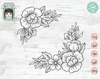 May include: Black and white line art floral corner design with two large flowers and smaller flowers and leaves. The design is on a light wood background.