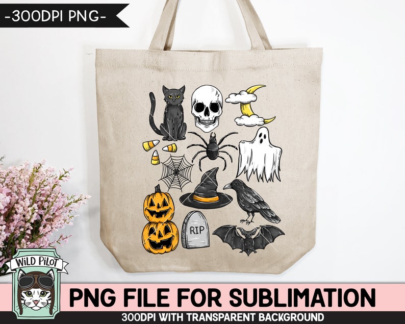 Halloween Doodles SUBLIMATION design PNG, Halloween png file sublimation design, Fall, Autumn, Pumpkin, Skull, Cat, Bat, Ghost, Spider, Crow image 3