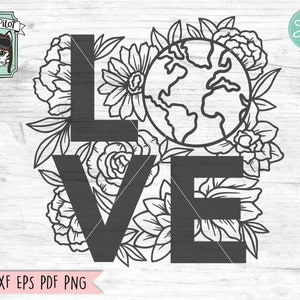 May include: Black and white graphic design of the word "LOVE" with a floral design around the letters. A globe is in the center of the design.