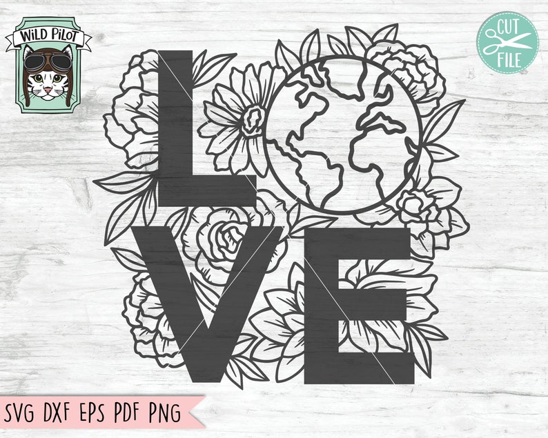 May include: Black and white graphic design of the word "LOVE" with a floral design around the letters. A globe is in the center of the design.