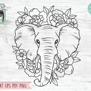 May include: A black and white line drawing of an elephant's head with flowers around it. The elephant's eyes are visible and the trunk is curled up. The flowers are stylised and have a simple design.