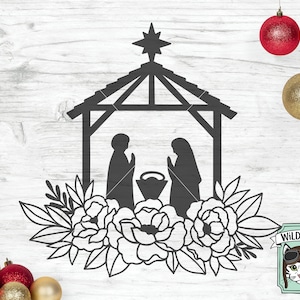Nativity SVG file, Nativity Scene svg, Floral Nativity Silhouette svg file, Christmas svg, Nativity cut file, Christmas cut file, Religious