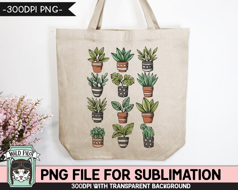May include: A white tote bag with a design of potted plants in various shades of green, brown, and black. The plants are arranged in a grid pattern on the bag. The text "PNG FILE FOR SUBLIMATION" is printed below the design.