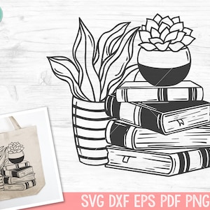 May include: Black and white line art illustration of a stack of books with a potted succulent plant on top. The books are stacked on top of each other and the succulent plant is in a pot with a striped pattern. The illustration is in a simple, minimalist style.