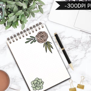 May include: A white notebook with a spiral binding, featuring two floral stickers. One sticker is a pink flower with green leaves, and the other is a green succulent.