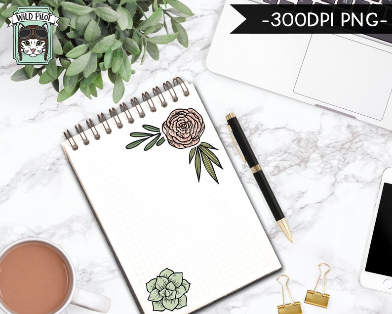 May include: A white notebook with a spiral binding, featuring two floral stickers. One sticker is a pink flower with green leaves, and the other is a green succulent.