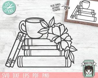 Boek SVG, koffie SVG, Book Lover SVG-bestand, leraar SVG, bibliotheek SVG, boek clipart, Flower Books SVG, Floral Books, boeken theekopje, lezing SVG