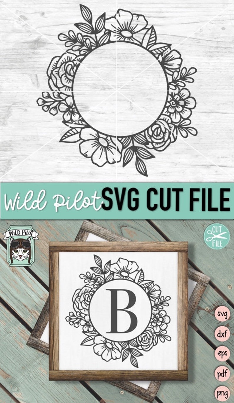 May include: Black and white floral wreath with a circle in the center for a monogram. The letter "B" is in the circle. The wreath is on a white background with a wood grain texture.