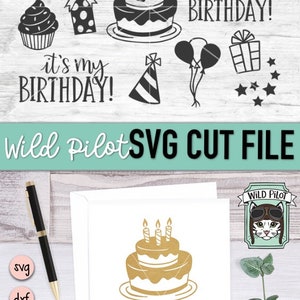 Puede incluir: Una descarga digital de un archivo de corte SVG de cumplea&ntilde;os con un pastel con velas, una pancarta, globos, estrellas y el texto "&iexcl;Feliz cumplea&ntilde;os!" y "&iexcl;Es mi cumplea&ntilde;os!" en blanco y negro. El archivo est&aacute; disponible en los formatos SVG, DXF, EPS, PDF y PNG.