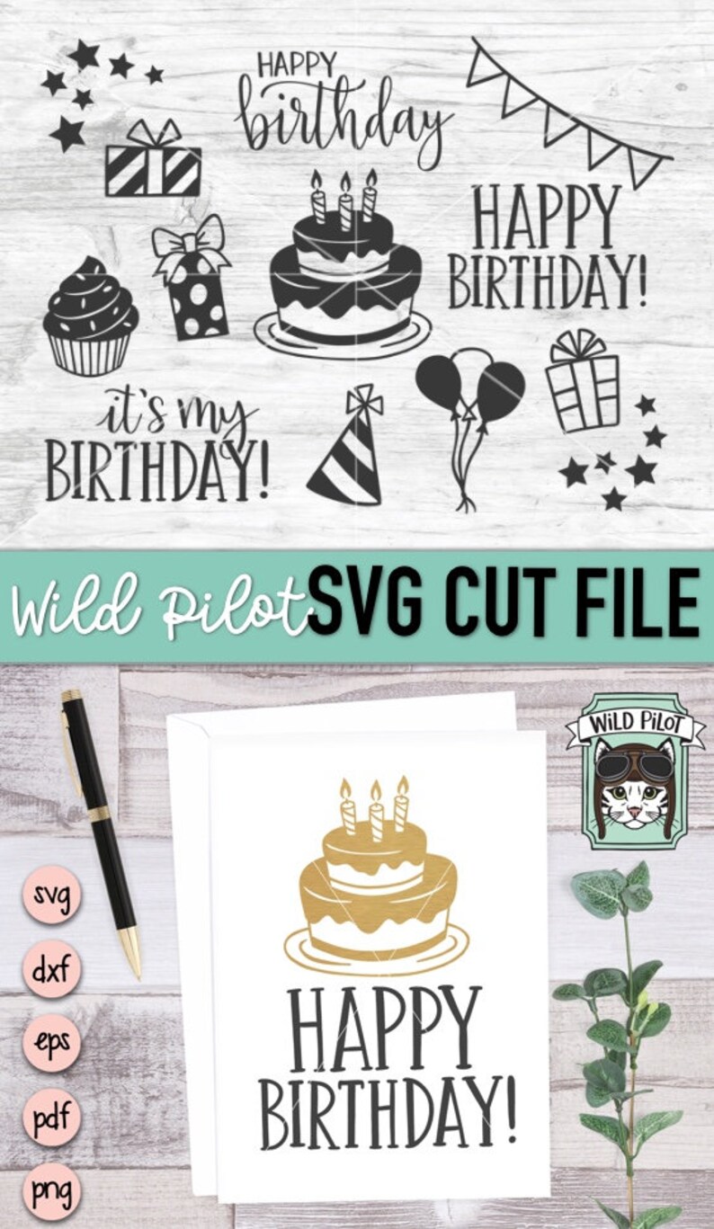 Puede incluir: Una descarga digital de un archivo de corte SVG de cumplea&ntilde;os con un pastel con velas, una pancarta, globos, estrellas y el texto "&iexcl;Feliz cumplea&ntilde;os!" y "&iexcl;Es mi cumplea&ntilde;os!" en blanco y negro. El archivo est&aacute; disponible en los formatos SVG, DXF, EPS, PDF y PNG.