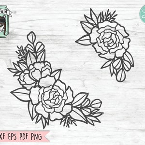 May include: Two black and white line art floral arrangements with large flowers and leaves. The flowers are stylized peonies. The arrangements are perfect for crafting projects, scrapbooking, or digital design.