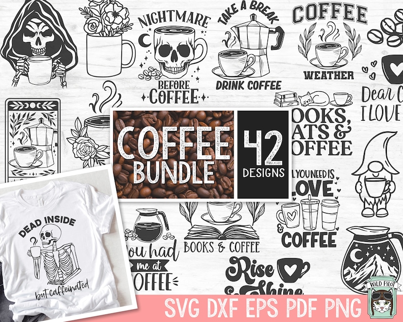 May include: A digital download of 42 coffee-themed SVG, DXF, EPS, PDF, and PNG designs. The designs feature various coffee-related illustrations, including coffee cups, coffee pots, coffee beans, and text phrases like "Coffee", "Books & Coffee", and "You had me at coffee".