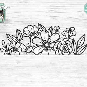 May include: Black and white line art illustration of a floral arrangement with various flowers and leaves. The flowers are arranged in a semi-circle shape.