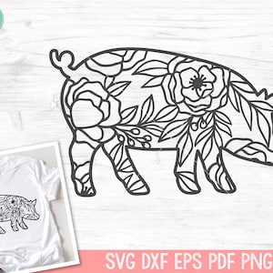 Pig Silhouette SVG file, Pig Cut file, Floral Pig svg file, Pig Flowers svg file, Pig Silhouette svg, Farm Animal svg, Farmhouse cut file