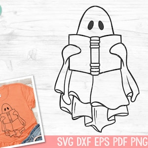 May include: A black and white line drawing of a ghost reading a book. The ghost is wearing a sheet and has a book in its hands. The ghost is looking down at the book.