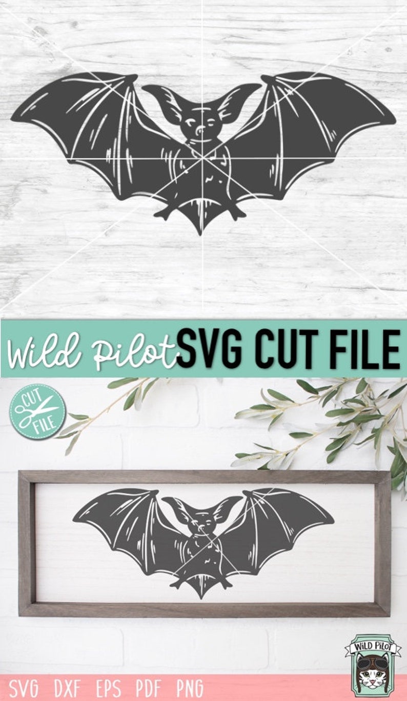 May include: A black and white silhouette of a bat with its wings spread wide. The bat is in a flying position. The image is on a white background with a wooden frame.