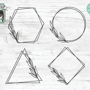 May include: Four different geometric frames with leafy branches on a white wood background. The frames are a hexagon, circle, triangle, and square.
