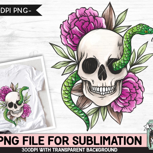 Floral Skull Snake SUBLIMATION design PNG, Flower Skull png file, Skull flowers sublimation, Halloween Sublimation design, Snake Skull png