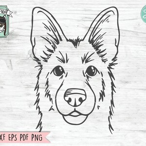 May include: Line art drawing of a German Shepherd dog's head. The dog is looking directly at the viewer with a friendly expression. The drawing is in black and white.