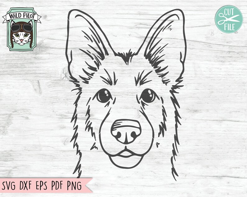 May include: Line art drawing of a German Shepherd dog's head. The dog is looking directly at the viewer with a friendly expression. The drawing is in black and white.