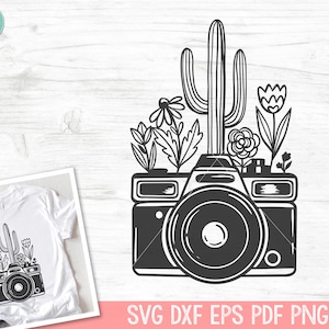Cámara de cactus SVG, Archivo de corte de cámara de cactus, Fotografía SVG, Fotógrafo SVG, Flores de cámara svg, Cámara floral svg, Desierto svg, Boho svg