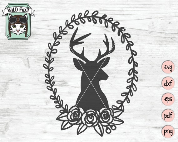 Deer SVG file, Deer Head svg, Deer Head Silhouette svg, Deer Head Wreath cut file, floral clipart, Laurel leaf svg, Flower Wreath vector