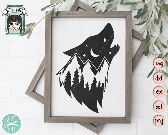 Wolf SVG, Wolf Silhouette SVG, Wolf Mountain Scene, Forest Trees, Camping svg file, hiking, adventure, Mountain range, night sky, outdoors