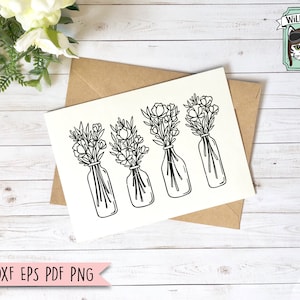 May include: A digital download of four black and white line drawings of flower bouquets in vases. The bouquets are arranged in a row and each vase is a different shape.
