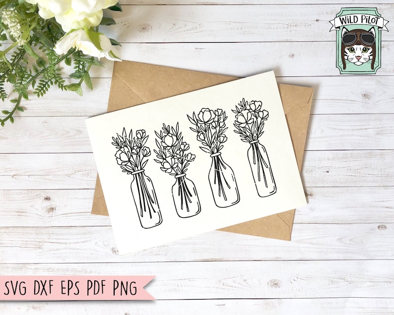 May include: A digital download of four black and white line drawings of flower bouquets in vases. The bouquets are arranged in a row and each vase is a different shape.