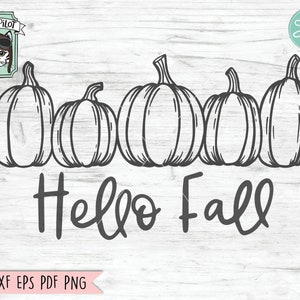 Peut inclure: Illustration en noir et blanc de cinq citrouilles avec le texte "Hello Fall" en dessous.