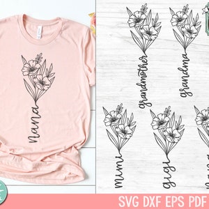 May include: A digital download of five SVG files featuring a bouquet of flowers with a name at the bottom. The names included are "mama", "Mimi", "Gigi", "grandma", and "grandmother".
