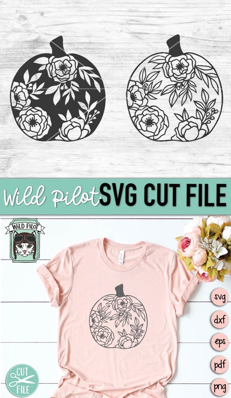 Op de afbeelding: Een zwart-wit digitaal ontwerp van een pompoen met bloemmotieven. Het ontwerp is afgebeeld op een roze T-shirt. Het ontwerp is beschikbaar in de formaten SVG, DXF, EPS, PDF en PNG.