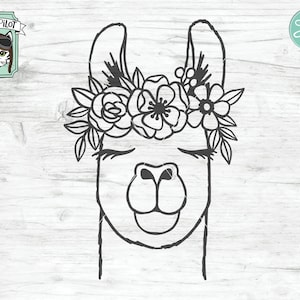 Archivo SVG de llama, Llama con corona de flores SVG, Archivo de corte de llama, Cara de animal, Corona floral, Llama con flores en la cabeza, Cara de llama linda svg,