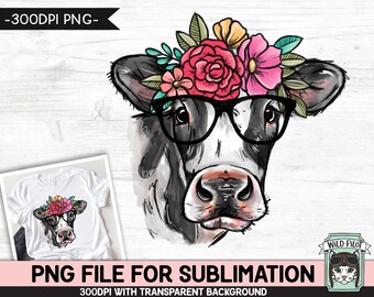Floral Cow Glasses SUBLIMATION PNG, Cow Flower Crown png file, Animal sublimation, Watercolor Cow Face png file, Floral Eyeglasses Cow png