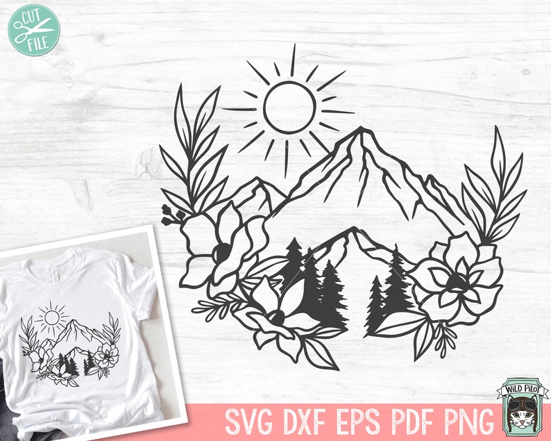 May include: Black and white line art illustration of a mountain range with a sun and flowers. The mountain range is surrounded by flowers and leaves. The sun is shining brightly above the mountain range.