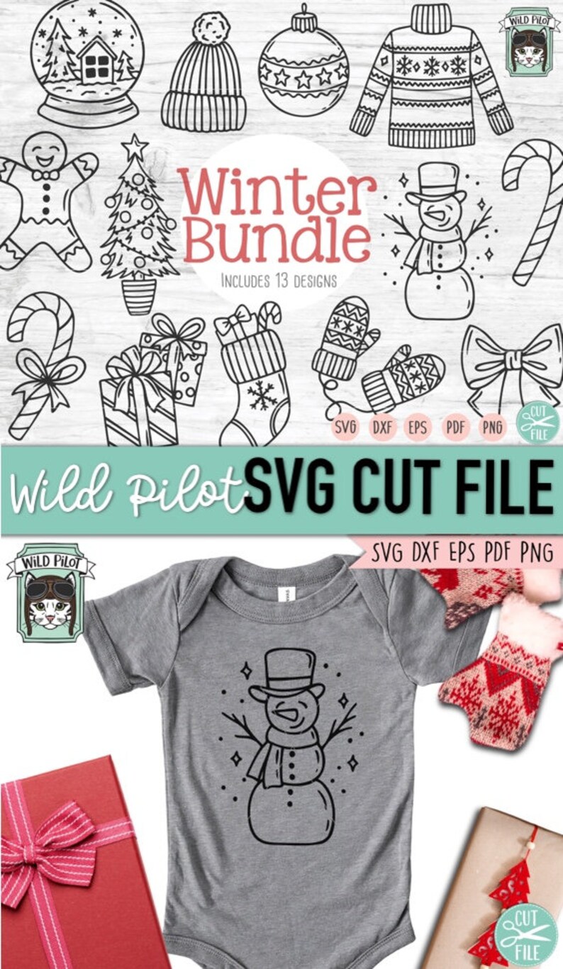 Op de afbeelding: Een set van 13 zwart-witte winterthema SVG-snijbestanden. De ontwerpen omvatten een sneeuwpop, een kerstboom, een kous, een snoepstok, een cadeaudoos, een sneeuwvlok, een hoed, een paar wanten, een strik, een sneeuwbol, een peperkoekman en een trui. De tekst "Winter Bundle" en "Includes 13 Designs" is ook in de afbeelding opgenomen.