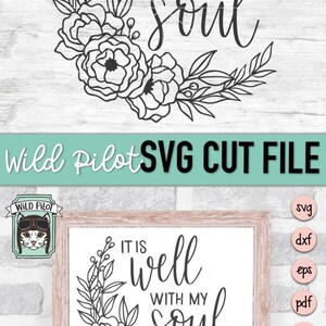 May include: A black and white digital download of a floral wreath with the text "It is well with my soul".