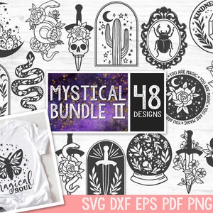 May include: A set of 48 mystical themed SVG cut files. The designs include a variety of images such as a snake, a dagger, a cactus, a beetle, a crystal, a moth, a flower, and a moon. The text "Mystical Bundle II" and "48 Designs" is included in the image.